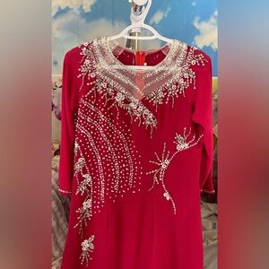 ao dai chiffon chi phong, Vietnamese traditional long dress set red xxl 2xl 8